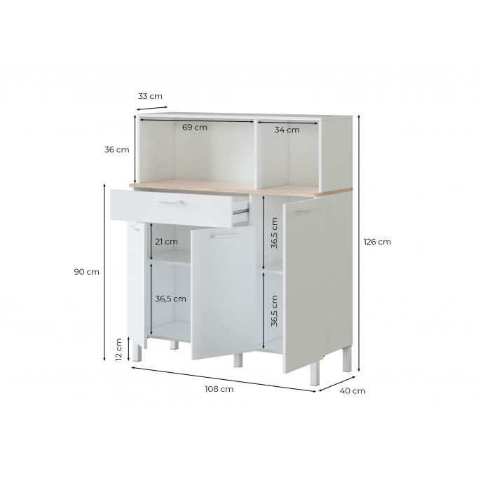 FOCUI - Buffet de cuisine 3 portes et 1 tiroir L108 x H126 cm