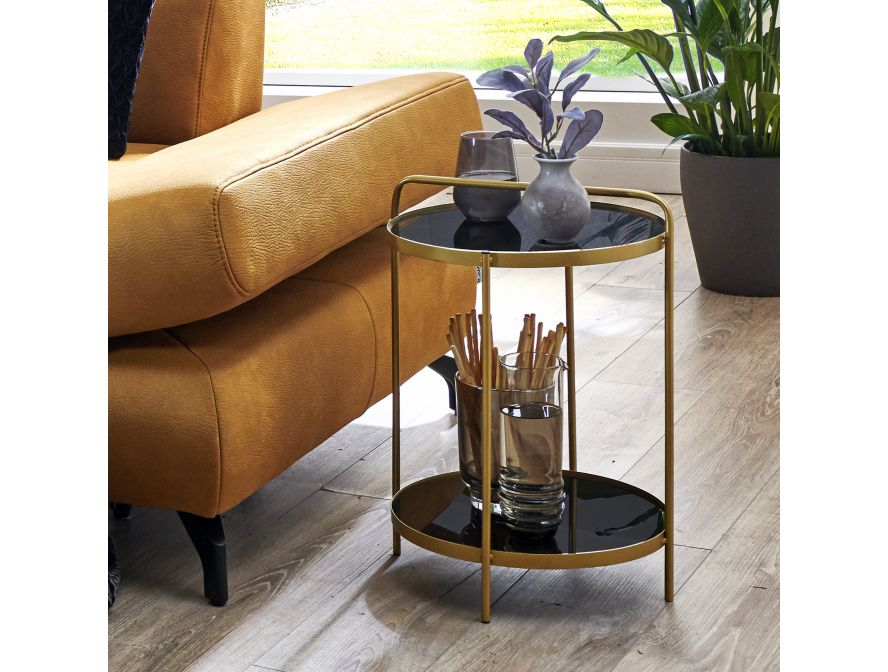 MERCURY - Table d'appoint en métal doré et verre trempé noir 38 cm