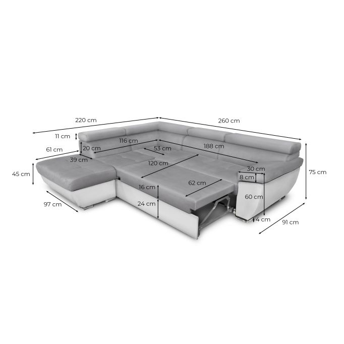 TRENTO - Canapé d'angle convertible avec pouf coffre et têtières en simili et microfibre